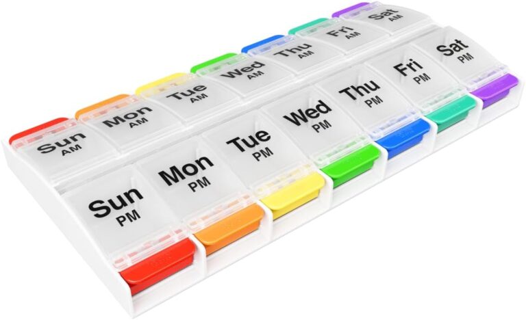 EZY DOSE Push Button (7-Day) Pill Case, Medicine Planner, Vitamin Organizer, 2 Times a Day, AM/PM Container, X-Large Compartments, Arthritis Friendly, Easy to Use, Clear Lids, Rainbow, BPA Free