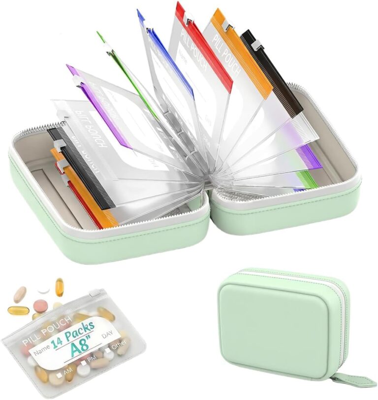 Waterproof Pill Pouch Set 2026, Waterproof Pill Organizer Set with 14pcs Bags Inside, 7 to 14 Days of Medicine Vitamins Pouch Organizer, Portable Travel Pill Storage System for Travel (Green)
