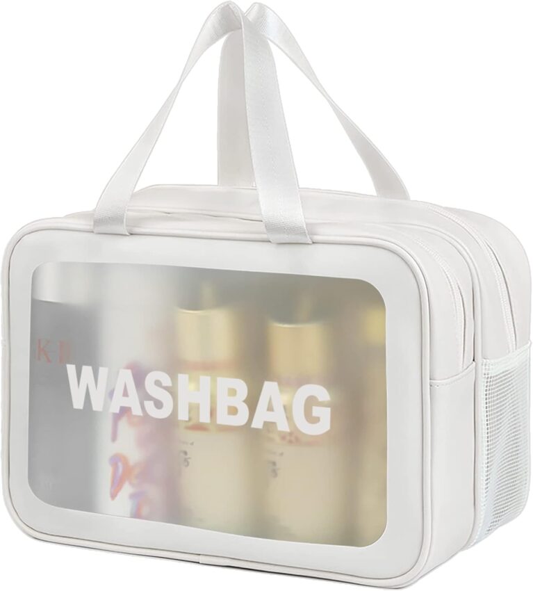DAPOWER Travel Toiletry Bag for Women and Men, Matte Translucent Toiletry Bag with Handy Handle, Makeup Cosmetic Organizer Bag for Travel Toiletries Accessories (White-XL)