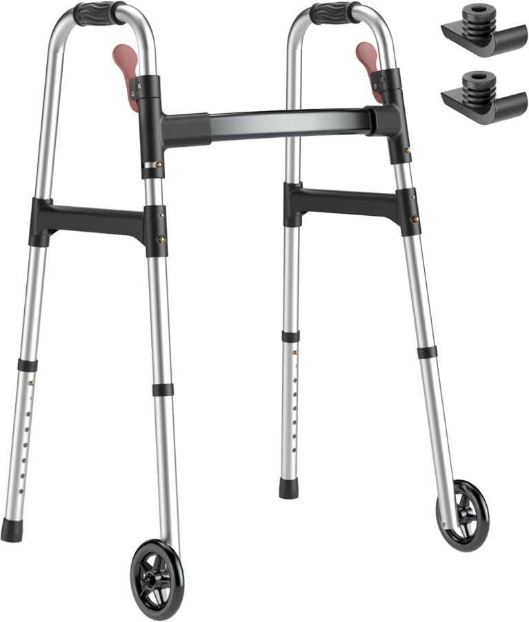 Walkers for Seniors, One-Hand Folding, 8 Height Adjustments, Walkers with Wheels, 2 Skis and 5" Wheels, Lightweight Walker for Seniors, Standard Walkers for Seniors, Aluminum Frame, Frosted Silver