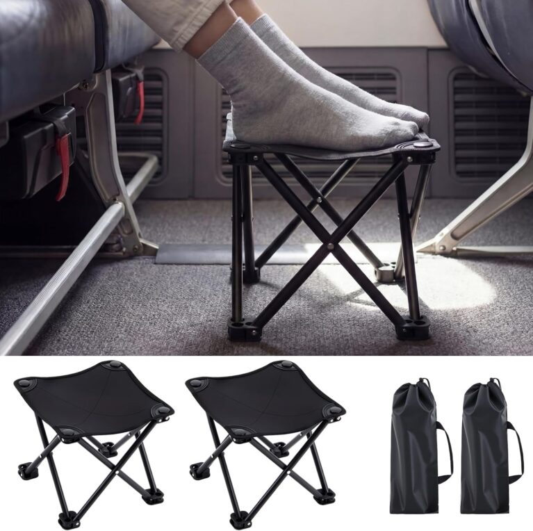 Ripeng 2 Pcs Portable Airplane Travel Foot Rest, Folding Camping Stool, Under Desk Foot Rest at Work for Long Flight, Home and Office Outdoor Hiking Fishing with Carry Bag (Black)