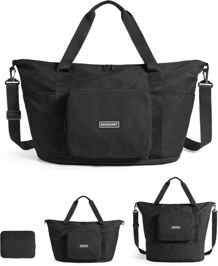 BAGSMART Foldable Travel Bag, 37L Expandable Personal Item Bag, Lightweight Travel Essentials for Women, Water Resistant Extra Carry on Bag, Black