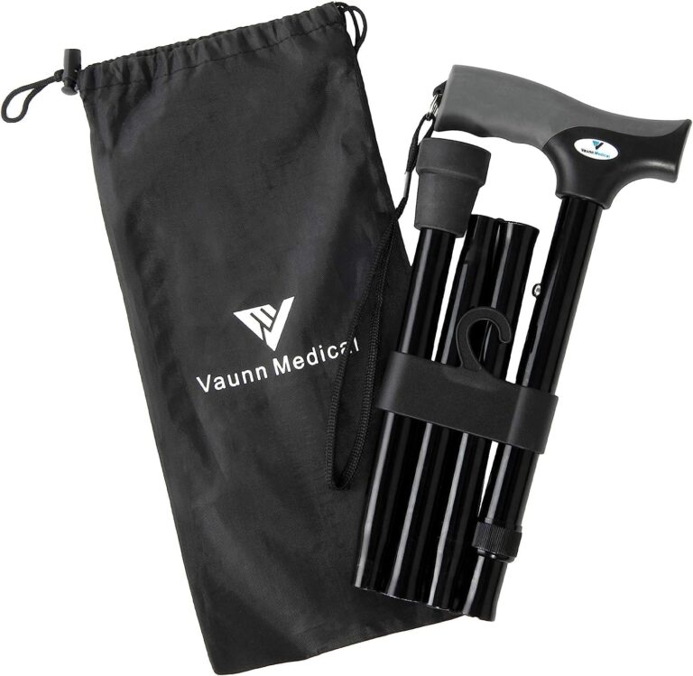 FSA/HSA Eligible, Vaunn Medical Easy Grip Height Adjustable Folding Cane/Walking Stick with Strap/Pouch- Compact, Portable, and Safe Walking Assistant- Non-Slip Grip Handle- Men, Women, Elderly
