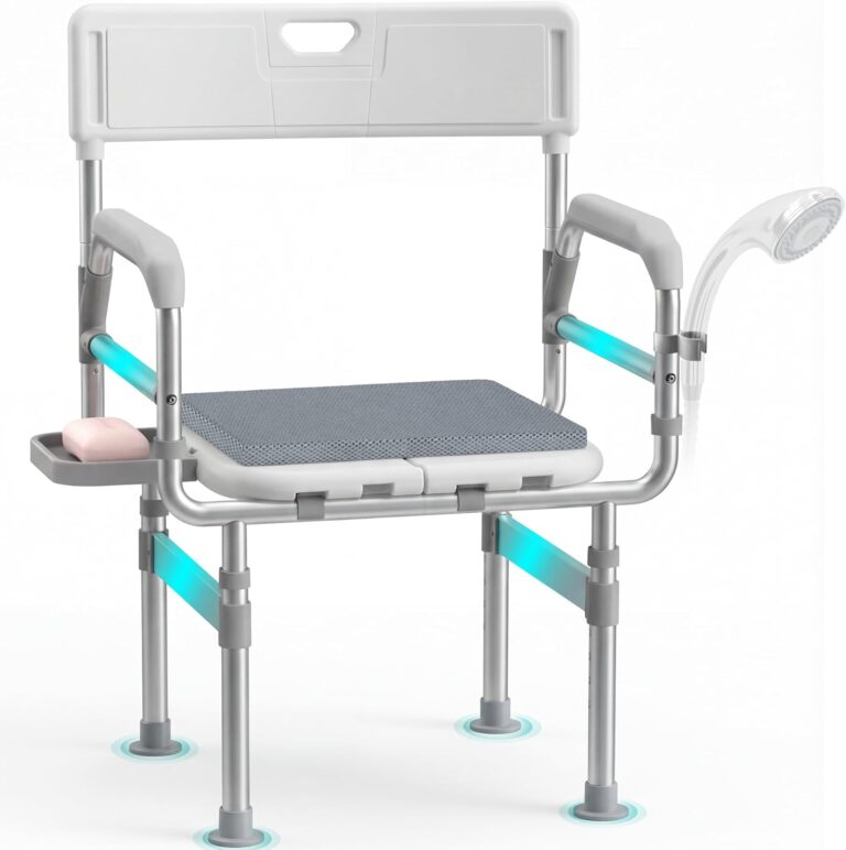 Folding Shower Chair XXL with Arms, Backrest & Soft Cushion, 440lb Capacity | Foldable Shower Chair for Inside Shower, Tub and Bathroom, Height Adjustable Shower Seat for Elderly and Disabled
