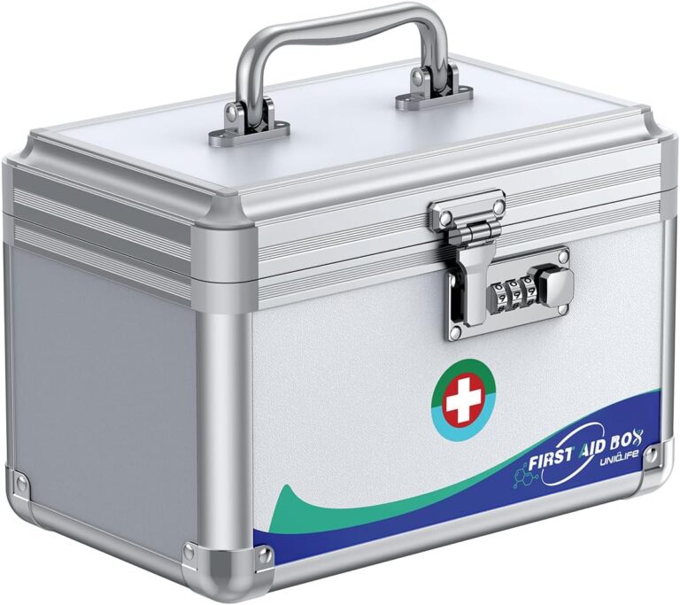 Uniclife Medicine Lock Box First Aid Box with Combination Lock & Handle Portable Medication Metal Lockable Medicine Storage Box Security Lock Box for Medications, 10" x 6" x 6.5"