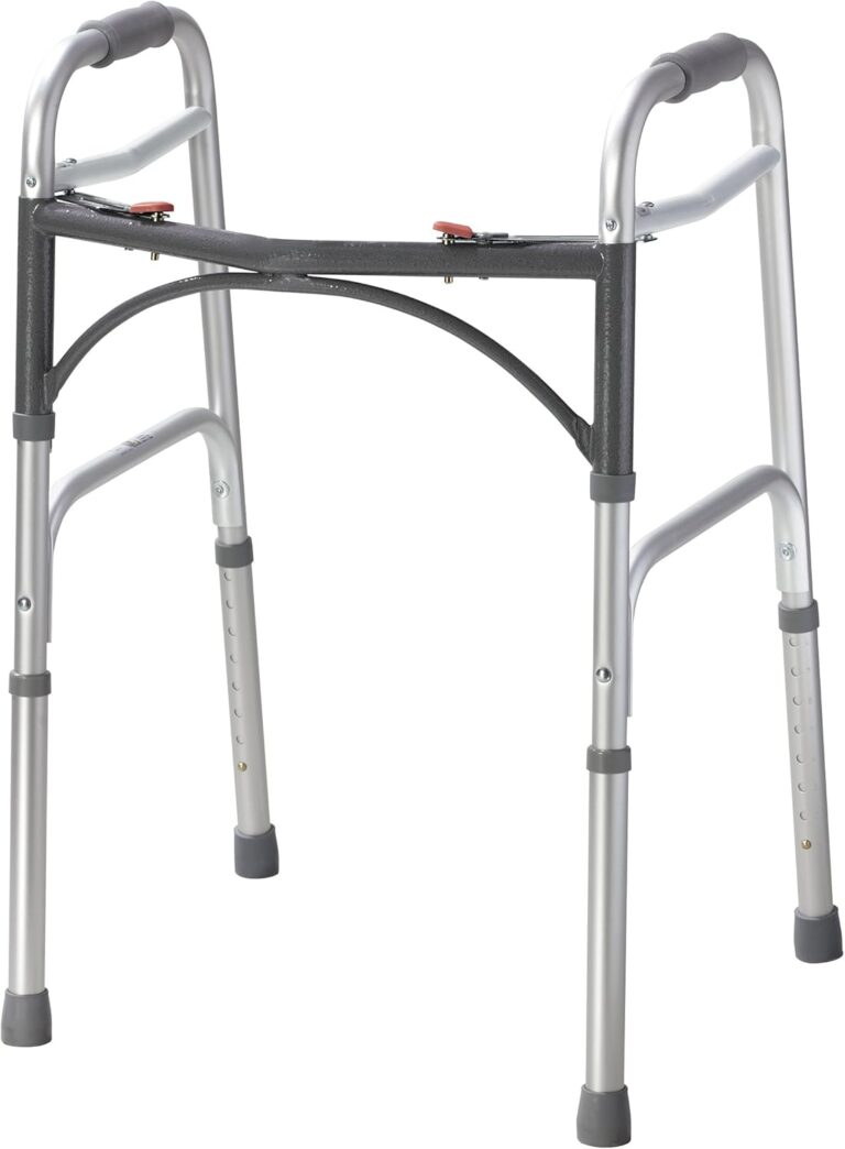 Drive Medical 2-Button Standard Foldable Walker for Seniors & Adults - Adjustable Legs - Lightweight Aluminum Construction - 350 Lb Weight Capacity - Basic Walking Aid - Silver