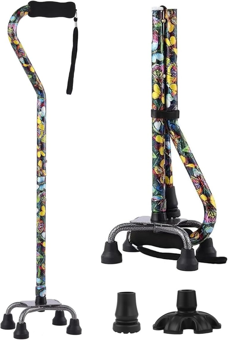 Floral Quad Cane for Women, Adjustable Walking Canes with 3-in-1 Interchangeable Base(3 Tips) for Versatile Support, Stylish & Stable Mobility Aid for Seniors Confidence