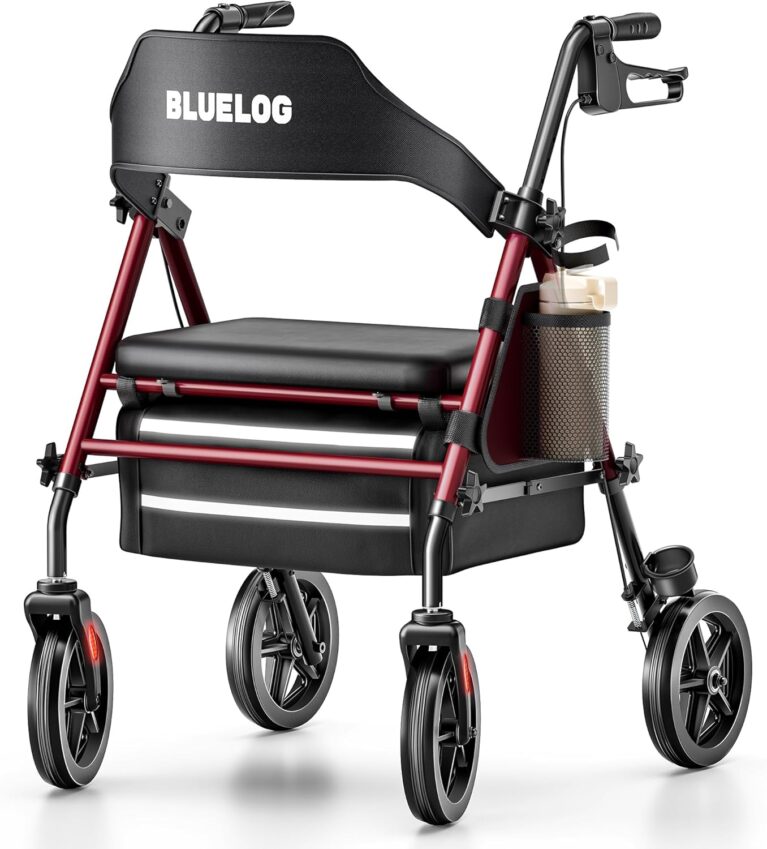 Bluelog Walkers for Seniors Rollator Walkers with Seat, 300lb Capacity with Cup Holder & Cane Holder, 8'' All Terrain Wheels, Adjustable Handles and Seat Height, Foldable Design, Burgundy