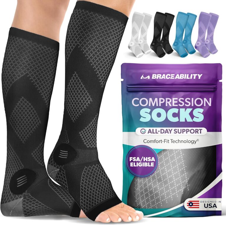 BraceAbility Compression Socks for Circulation - 20-30 mmHg Knee High Neuropathy Open Toe Stockings for Varicose Veins, Swelling, RLS, Medical Toeless Support for Men or Women - 1 Pair (M - Black)