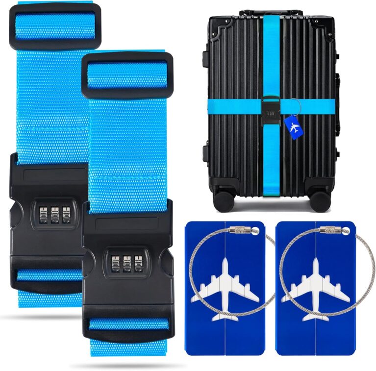 BILIONE 2 Pack Luggage Straps for Suitcases with Password Lock & Metal Airplane Tags, Adjustable Suitcase Belt & Travel Belt, Luggage Connector Straps to Connect Two Bags 20-34 Inch (Blue)