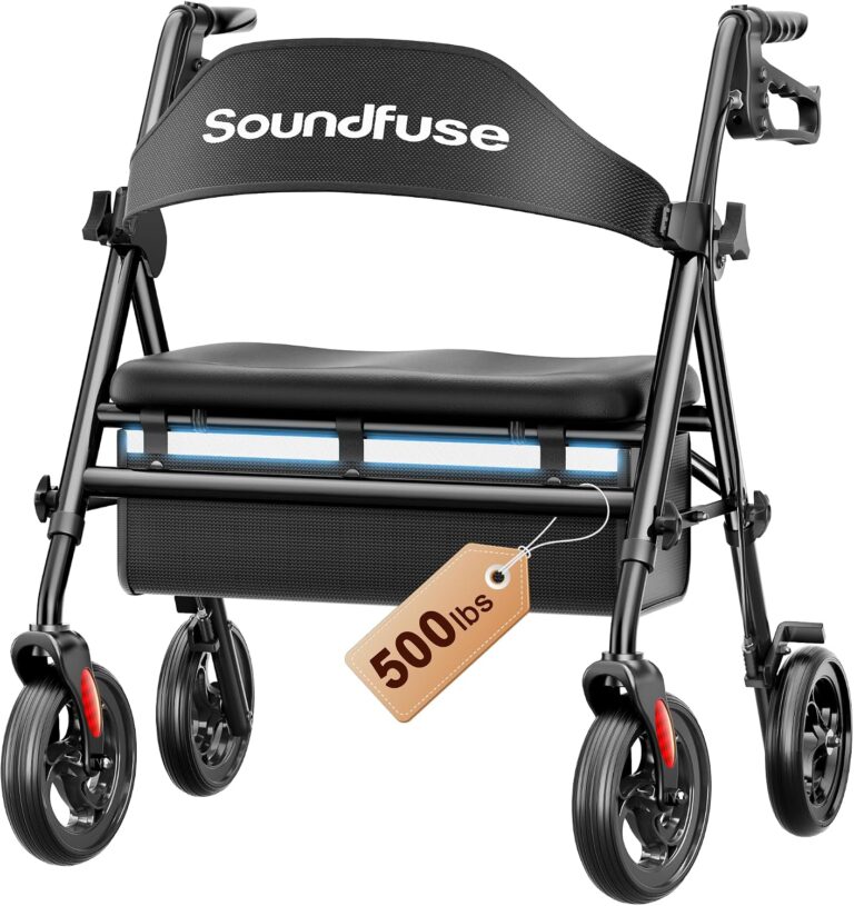 soundfuse Foldable Bariatric Walker for Seniors with Extra Wide Seat, 500lb | Handle & Seat Height Adjustable, 8" All-Terrain Wheels, Reliable Braking, Heavy Duty Rollator with Storage Bag for Outdoor