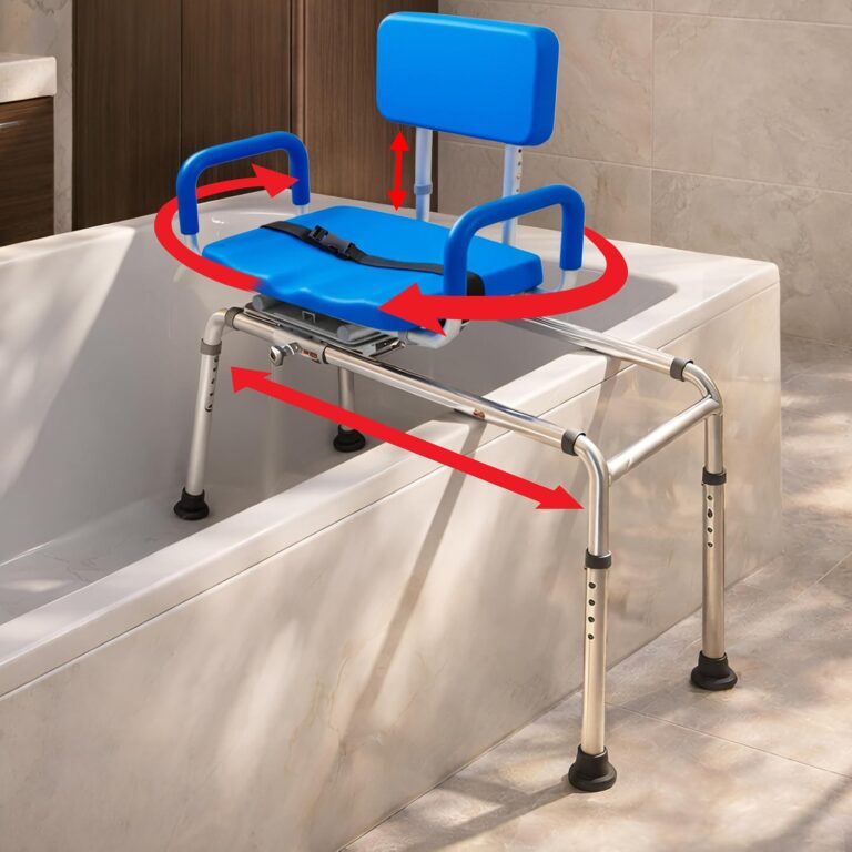 Carousel Sliding Shower Chair Tub Transfer Bench with Swivel Seat, Bariatric, Premium Padded with Pivoting Arms, High Capacity, Heavy Duty for Tubs, Inside Shower, for Handicap & Seniors, Blue