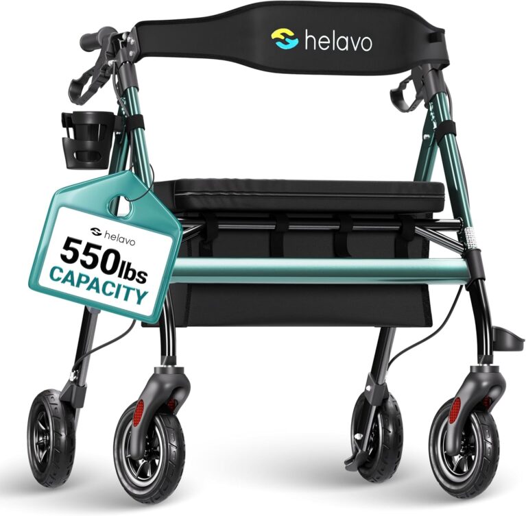 Helavo Bariatric Walker with Large, Height-Adjustable Seat, 550 lbs Weight Capacity, 8-inch Wheels, 28-inch Wide - Extra Wide Heavy Duty Rollator for Seniors