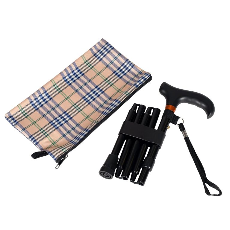 HARVY Mini Folding Cane – Adjustable Travel Walking Stick for Men & Women, Lightweight Aluminum with Solid Wood Derby Handle, Compact & Portable (Black)