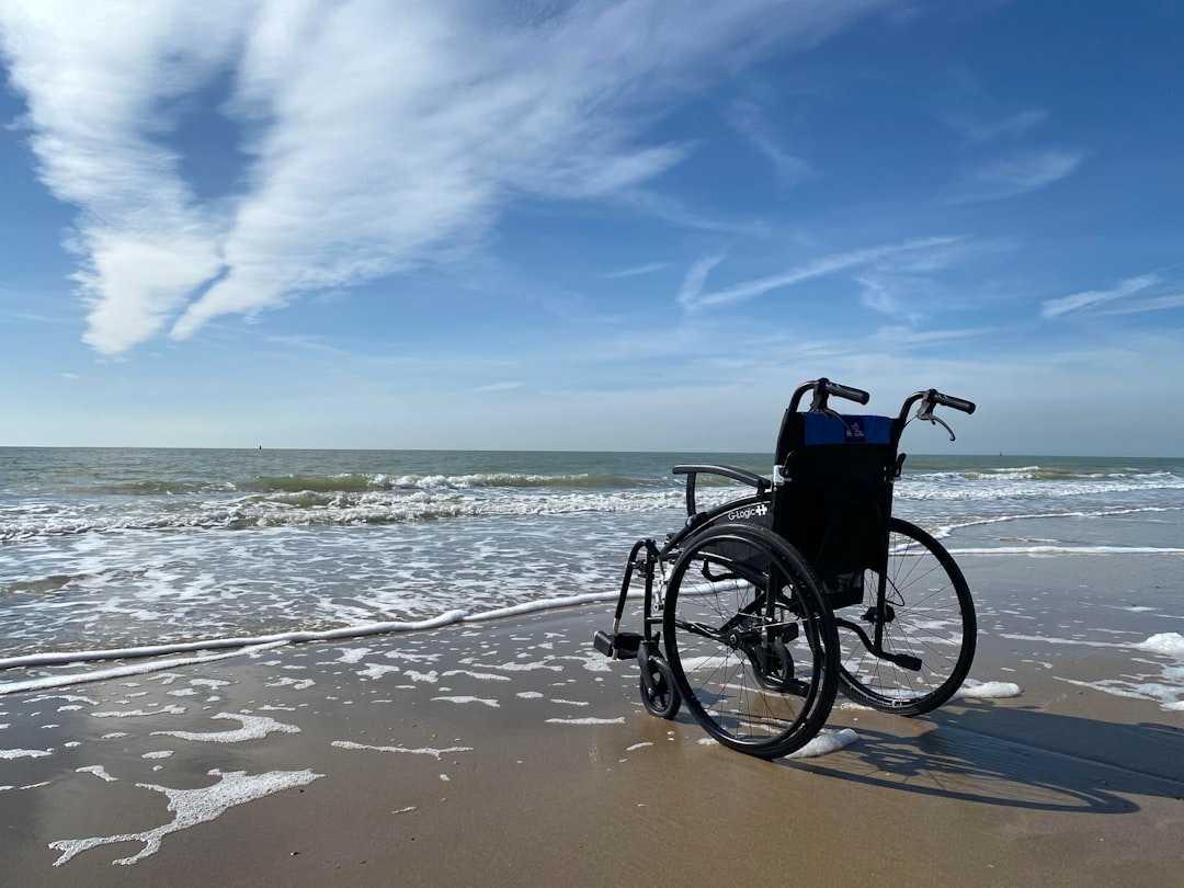 A serene travel scene featuring a person using a wheelchair at an airport, with a calm atmosphere and supportive companions nearby.
